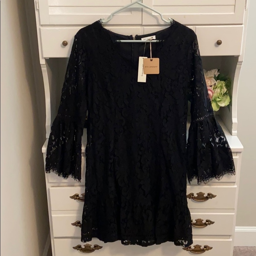 Black lace V neck bell sleeve dress